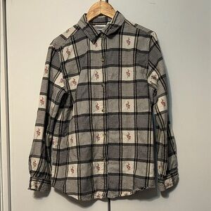 Plaid Button-Down Shirt with Subtle Red Floral Embroidery